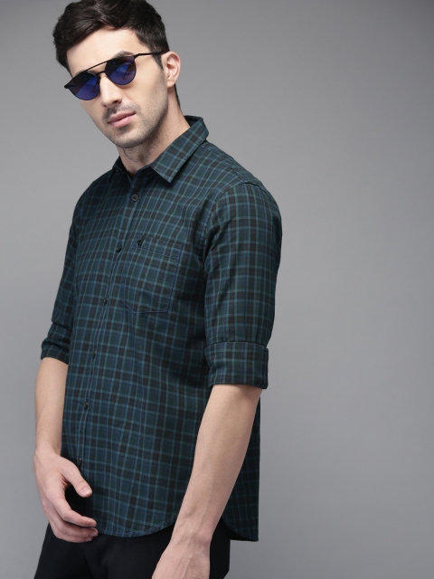

THE BEAR HOUSE Men Teal Green & Brown Regular Fit Checked Casual Shirt