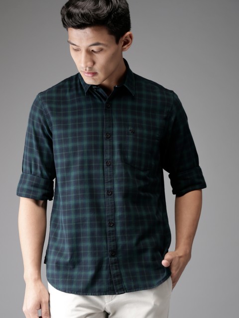 

THE BEAR HOUSE Men Navy Blue & Green Regular Fit Checked Casual Shirt