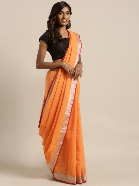 

Viva N Diva Orange Solid Linen Blend Saree