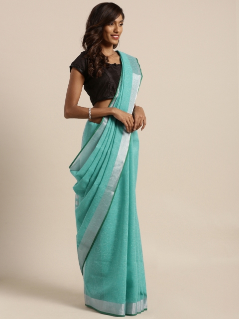 Viva N Diva Blue Solid Linen Blend Saree