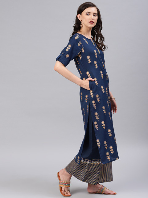 

Alena Women Navy Blue & Gold-Coloured Printed Kurta with Palazzos