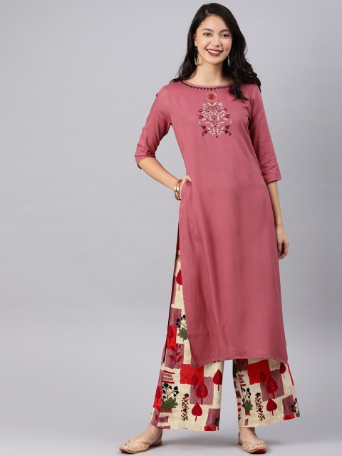 

Alena Women Pink & Off-White Embroidered Kurta With Palazzos