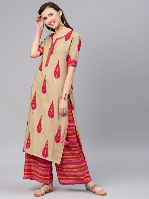 

Alena Women Beige & Pink Printed Kurta with Palazzos