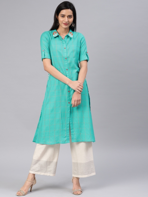 

Alena Women Turquoise Blue & Orange Checked A-Line Kurta