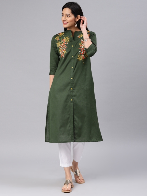 

Alena Women Olive Green Embroidered A-Line Kurta