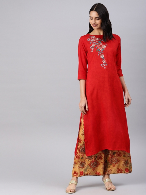 

Alena Women Red & Mustard Yellow Embroidered Kurta With Palazzos