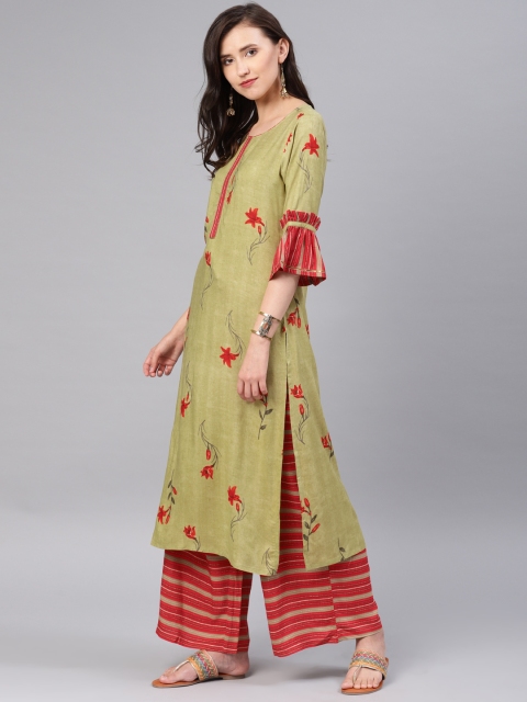 

Alena Women Olive Green & Red Printed Kurta with Palazzos