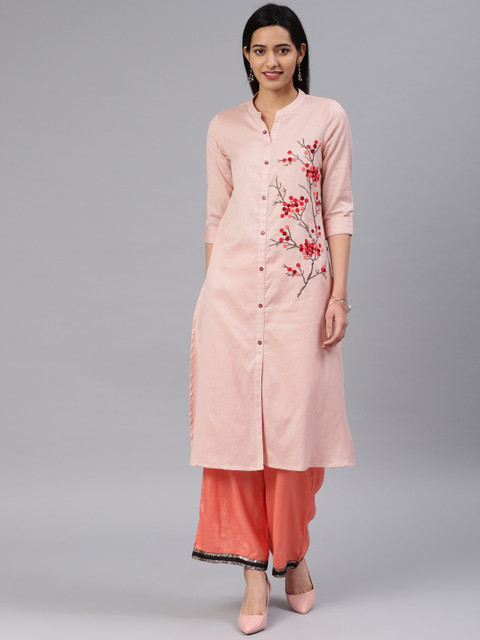 

Alena Women Peach-Coloured Floral Embroidered Straight Kurta