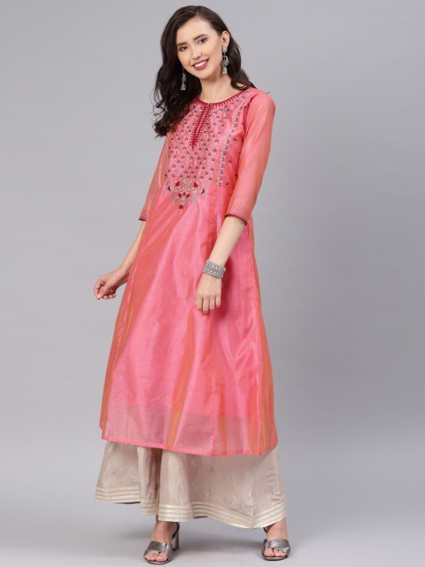 

Alena Women Peach-Coloured Yoke Design A-line Kurta, Pink
