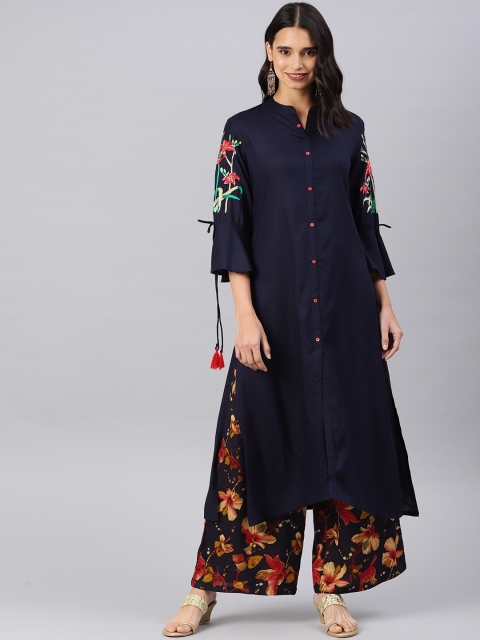 

Alena Women Navy & Red Embroidered Kurta With Palazzos, Navy blue