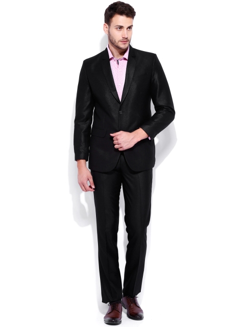 

Four One Oh Men Black Tailored Fit Pure Cotton Single-Breasted Party Suit
