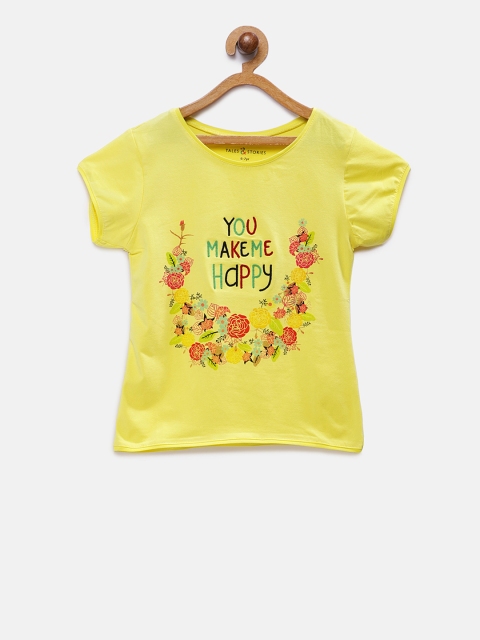 

TALES & STORIES Girls Printed Solid V-Neck T-shirt, Yellow