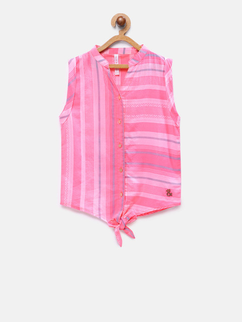 

TALES & STORIES Girls Pink Regular Fit Striped Casual Shirt