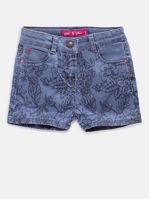 

TALES & STORIES Girls Blue Printed Regular Fit Denim Shorts