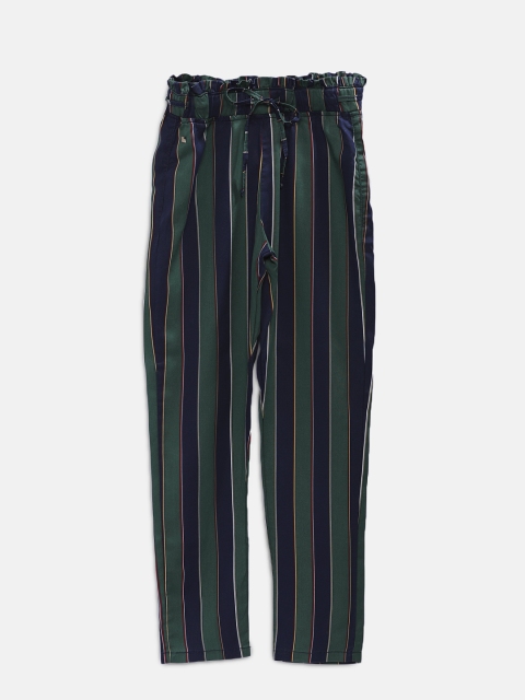 

TALES & STORIES Girls Green & Black Regular Fit Striped Regular Trousers