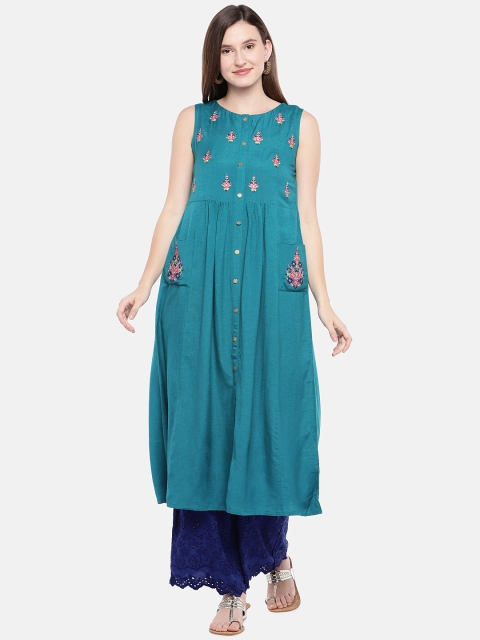 

Ethnicity Women Teal Blue Embroidered Anarkali Kurta