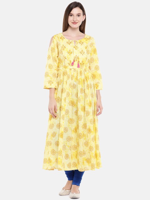 

Ethnicity Women Yellow Printed A-Line Kurta