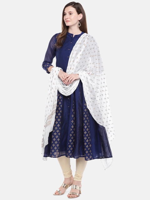 

Ethnicity White & Gold-Toned Pure Silk Printed Dupatta