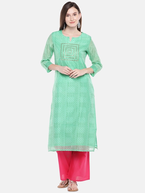 

Ethnicity Women Green Embellished Straight Kurta