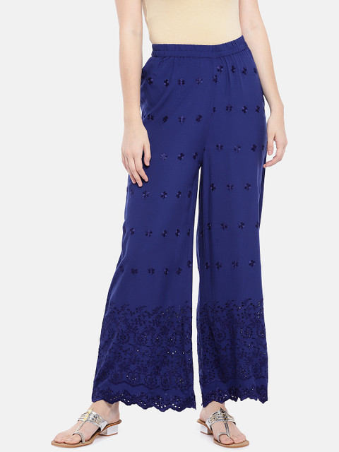 

Ethnicity Women Navy Blue Loose Fit Embroidered Palazzos