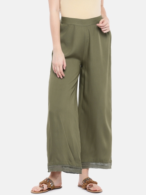 

Ethnicity Women Olive Green Solid Wide Leg Palazzos