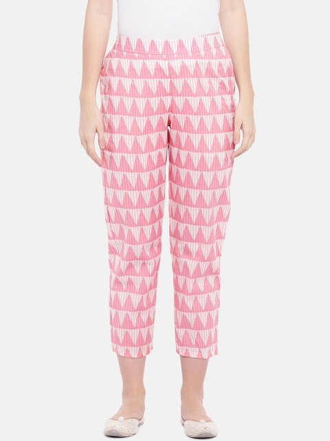 

Ethnicity Women Pink & White Loose Fit Printed Regular Trousers