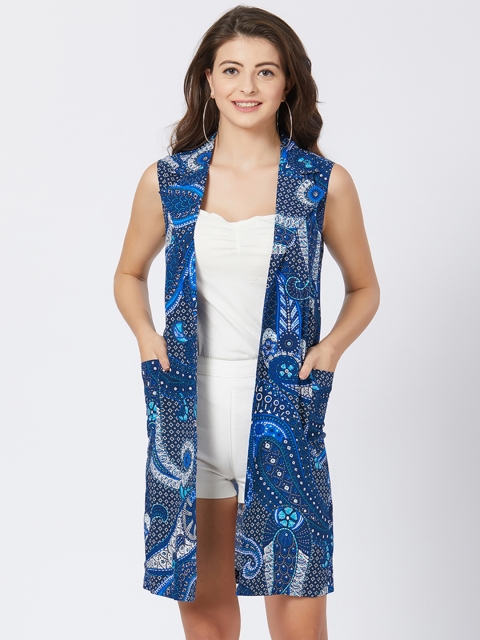 

Soie Women Blue Printed Shrug With Pockets