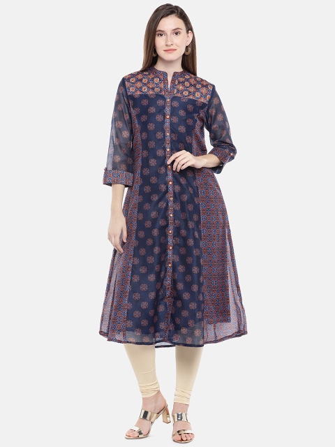 

Ethnicity Women Navy Blue Printed A-Line Kurta