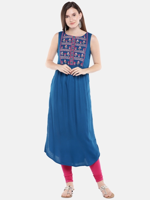 

Ethnicity Women Blue & Red Embroidered Straight Kurta