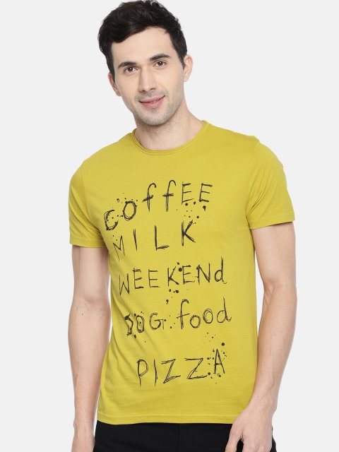 

People Men Mustard Yellow & Black Printed Round Neck T-shirt