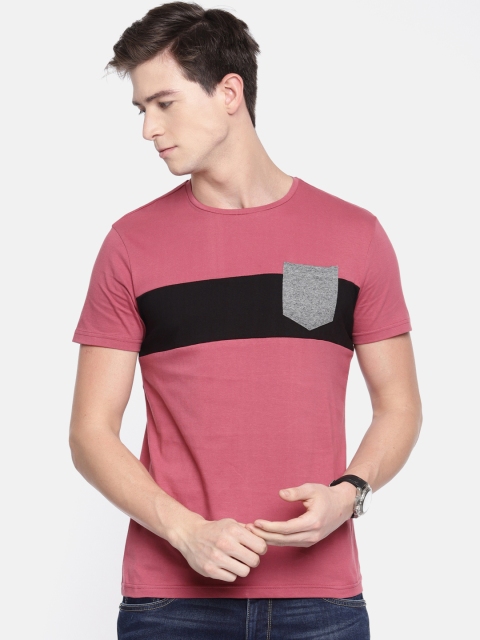 

People Men Pink & Black Solid Round Neck T-shirt