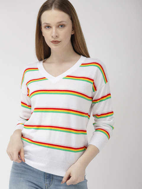 

Levis Women White & Red Striped V-Neck T-shirt