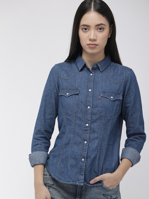 

Levis Women Blue Slim Fit Solid Casual Denim Shirt