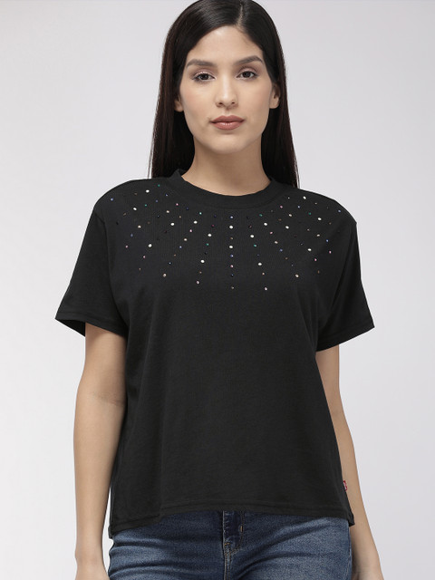 

Levis Women Black Solid Embellished Round Neck T-shirt