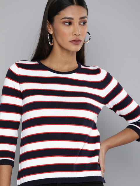 

Levis Women Navy Blue White Striped Pure Cotton T-shirt