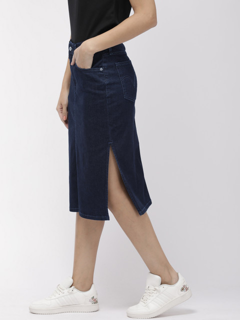 

Levis Women Blue Washed Denim Straight Midi Pure Cotton Skirt
