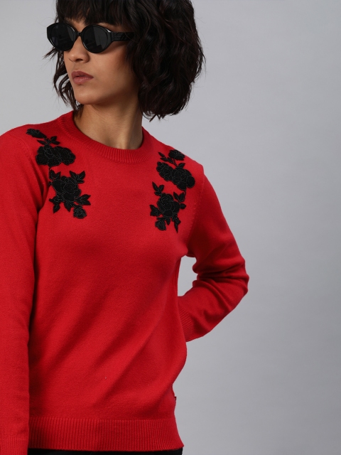 

Levis Women Red Solid Pullover Sweater with Applique