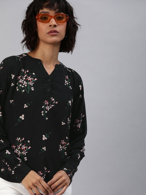

Levis Women Black & White Floral Printed Gathered High-Low Top