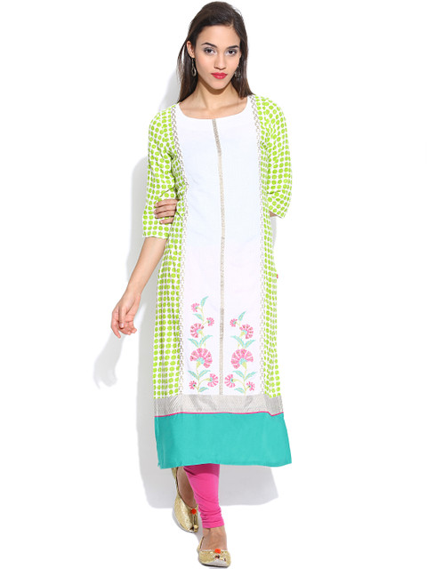 

W Off-White & Green Panelled Printed Kurta
