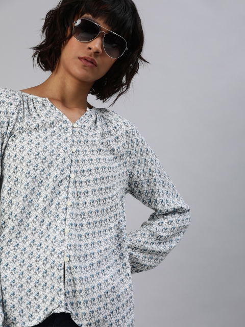 

Levis Women Grey & Blue Floral Printed Gathered Shirt Style Top