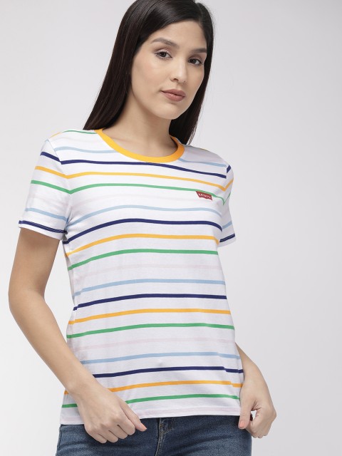 

Levis Women White & Multi-coloured Striped Round Neck T-shirt