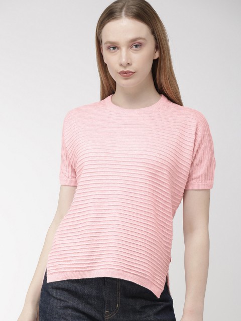 

Levis Women Pink Striped High-Low Round Neck T-shirt