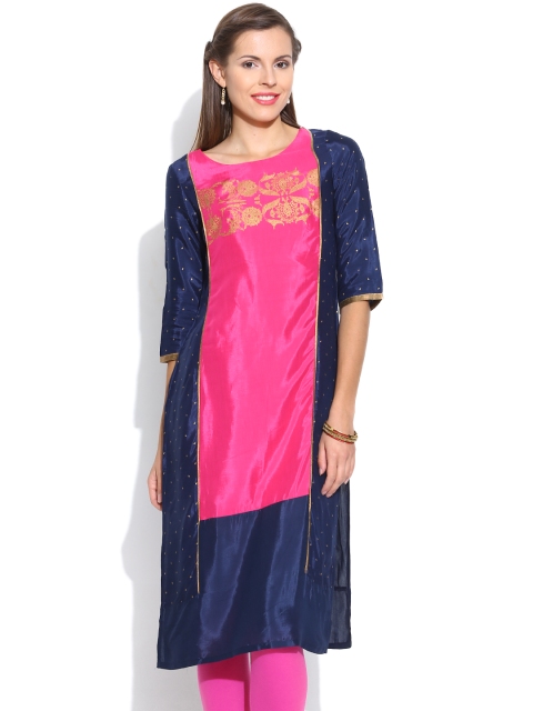 

W Navy & Pink Panelled Printed Kurta, Navy blue