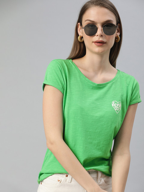

Levis Women Green Solid Round Neck Pure Cotton T-shirt With Printed Detailing