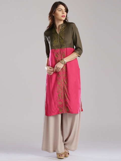 

W Pink & Olive Green Printed Kurta