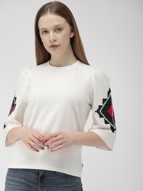 

Levis Women White Solid Round Neck Pure Cotton T-shirt