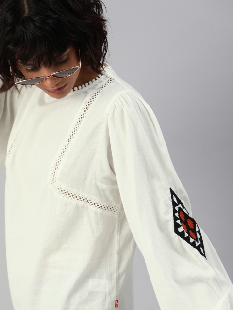 

Levis Women Off-White Striped Lace Inserts Puffed Sleeve Pure Cotton Top with Embroidered Detal
