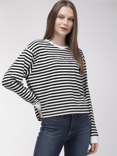 

Levis Women Black Striped Embroidered Detail Round Neck T-shirt