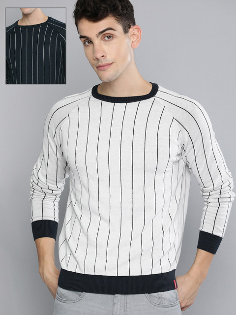 

Levis Men Navy Blue & Off-White Striped Pullover Reversible Sweater