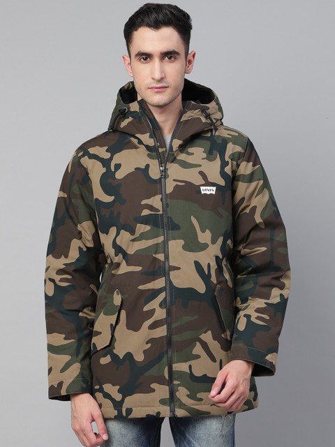 

Levis Men Olive Green & Beige Camouflage Print Water Resistant Hooded Tailored Jacket